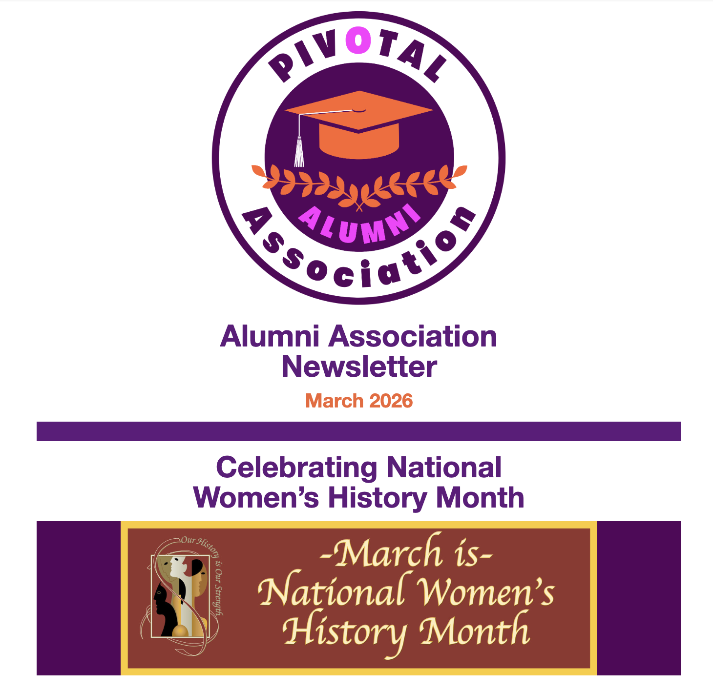 Screen capture of Alumni Newsletter front page. Alumni Association logo, and graphic celebrating National Woman's History Month.